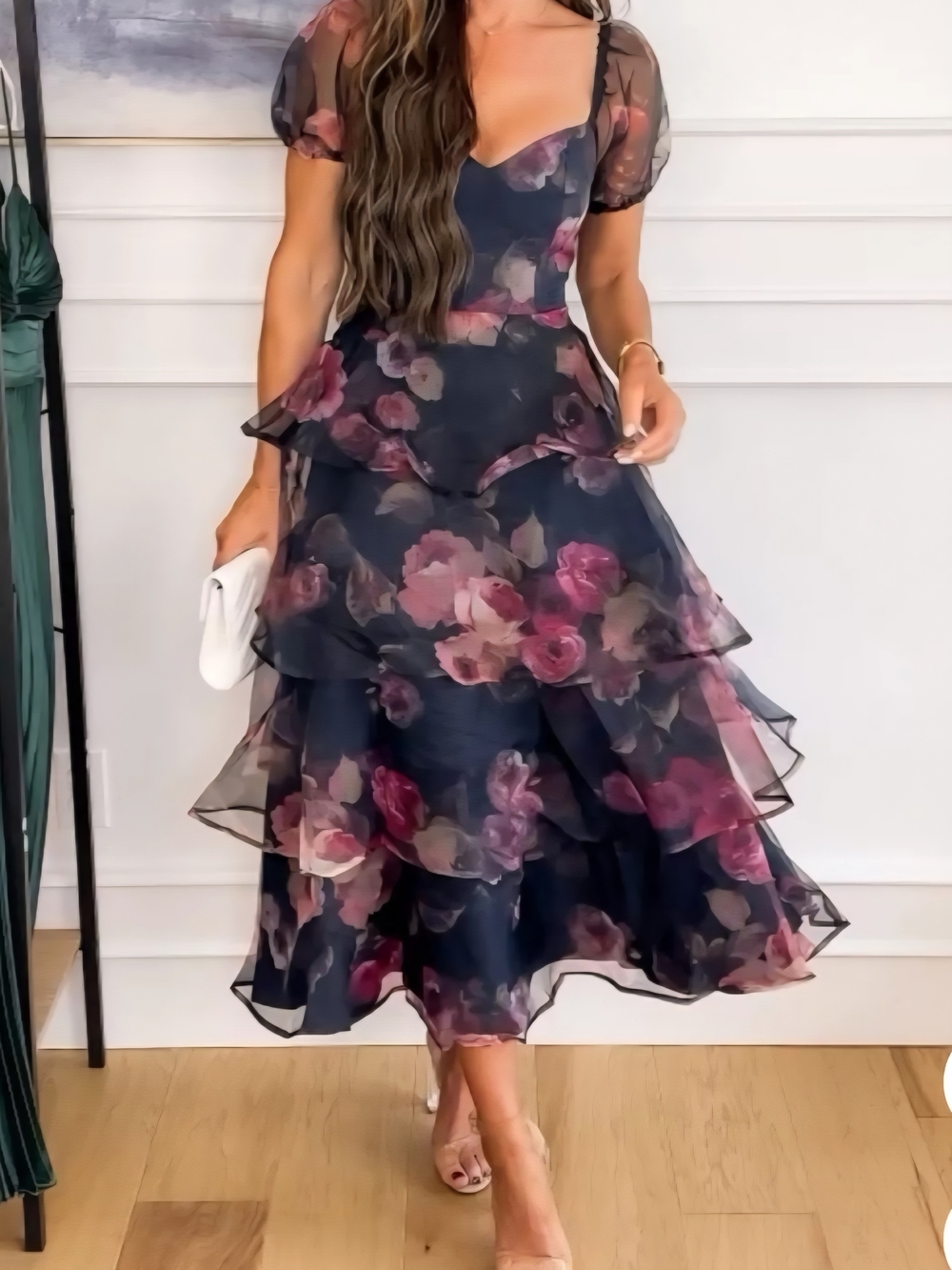 Lulu's Oh So Stunning Navy Blue Floral Organza Midi Party Dress New Small